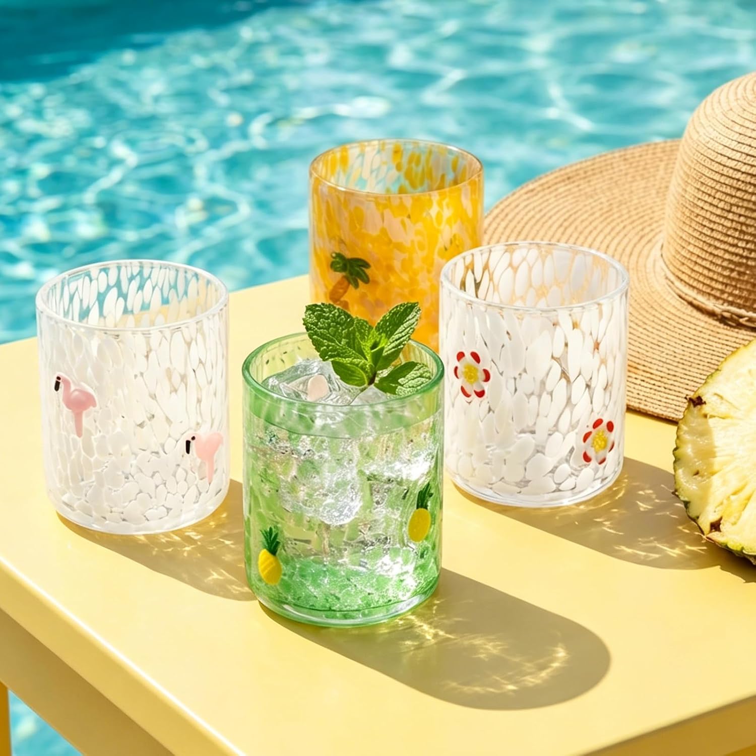JarThenaAMCS 4Pcs Summer Icon Juice Glass 14 Oz Wine Glass Flamingo Pineapple Coconut Tree Hibiscus Stemless Cocktail Drinking Cups for Tropical Hawaiian Beach Party Favors
