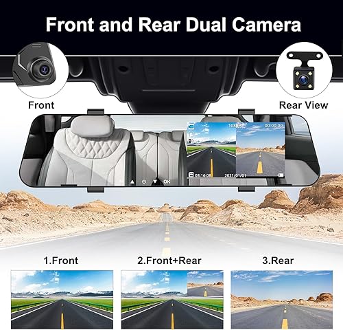 Miniatura 6 de CAMECHO Cámara de respaldo de cámara de tablero de espejo de 4.5 pulgadas, cámara de retrovisor frontal y trasera 1080P FHD para automóviles con