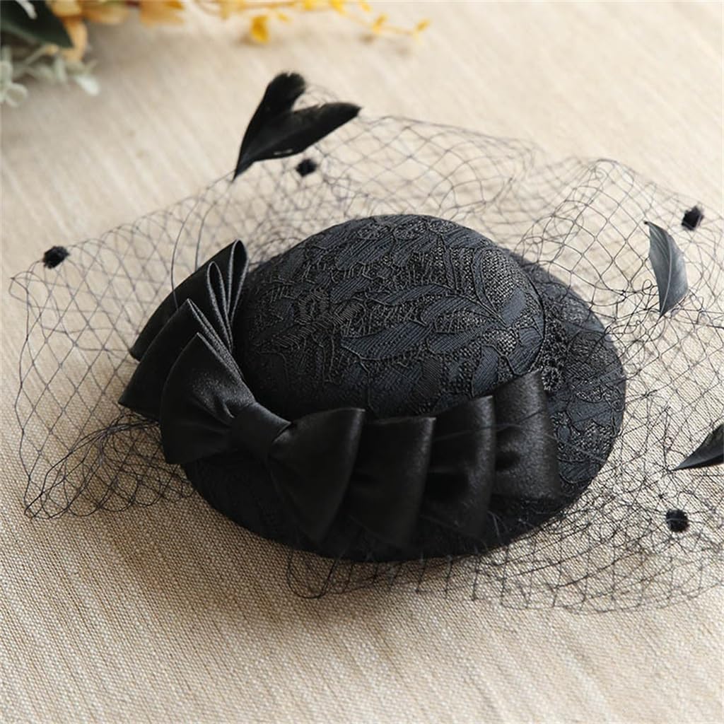 Chapeau haut de forme de mariage noir avec détails en maille fine et nœud papillon