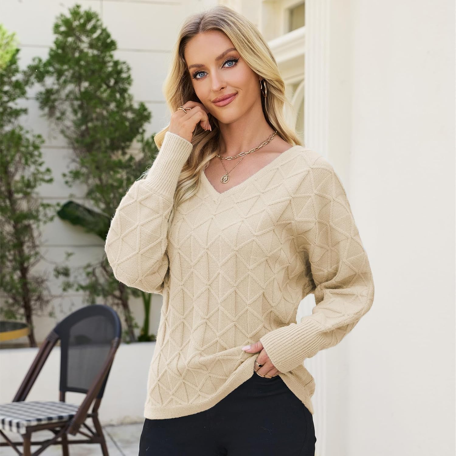 Women Sweater Chunky Cable Knit V Neck Long Sleeve Winter Thick Diamond Sweaters Loose Solid Jumper Pullover - Image 2