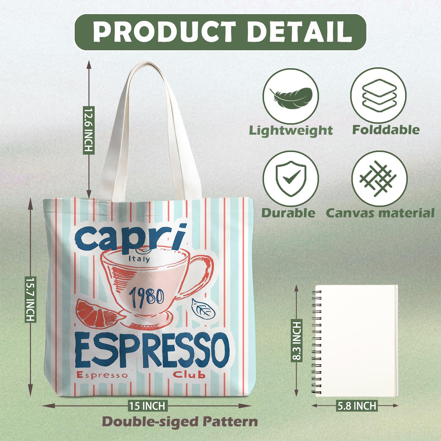 Canvas Tote Bag for Women, Fruits-CoffeeTote Bag, Italian Gifts, Reusable Shopping Grocery Bags