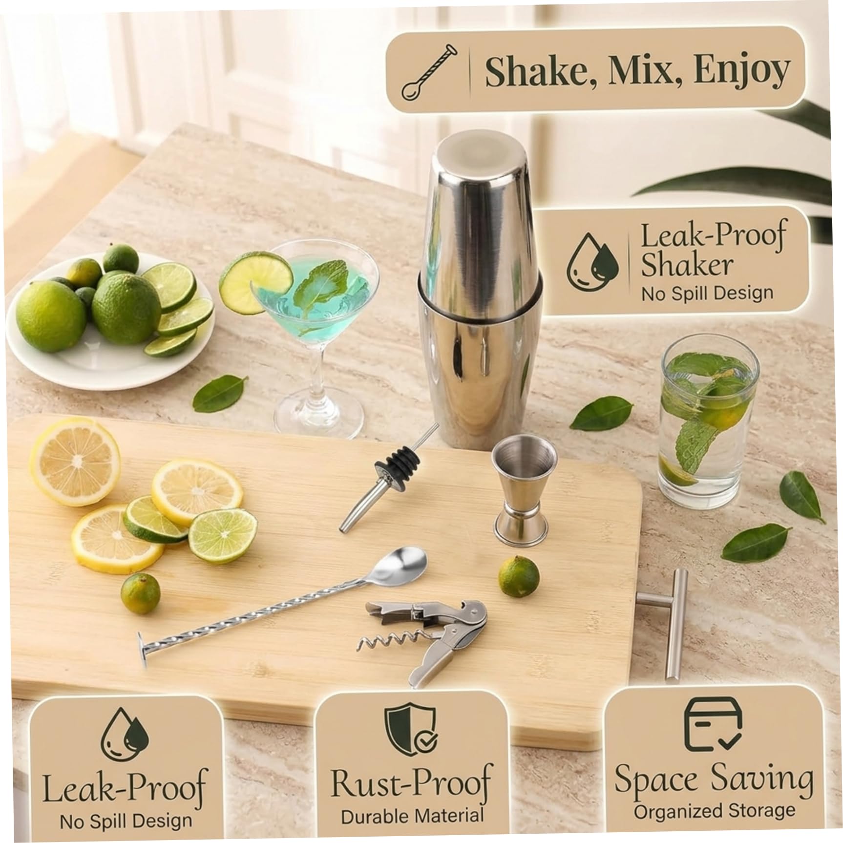 Juego de coctelera de 10 Piezas, Juego de coctelera de Acero Inoxidable de 750 ml con Soporte de Madera Profesional para Bares caseros Barman