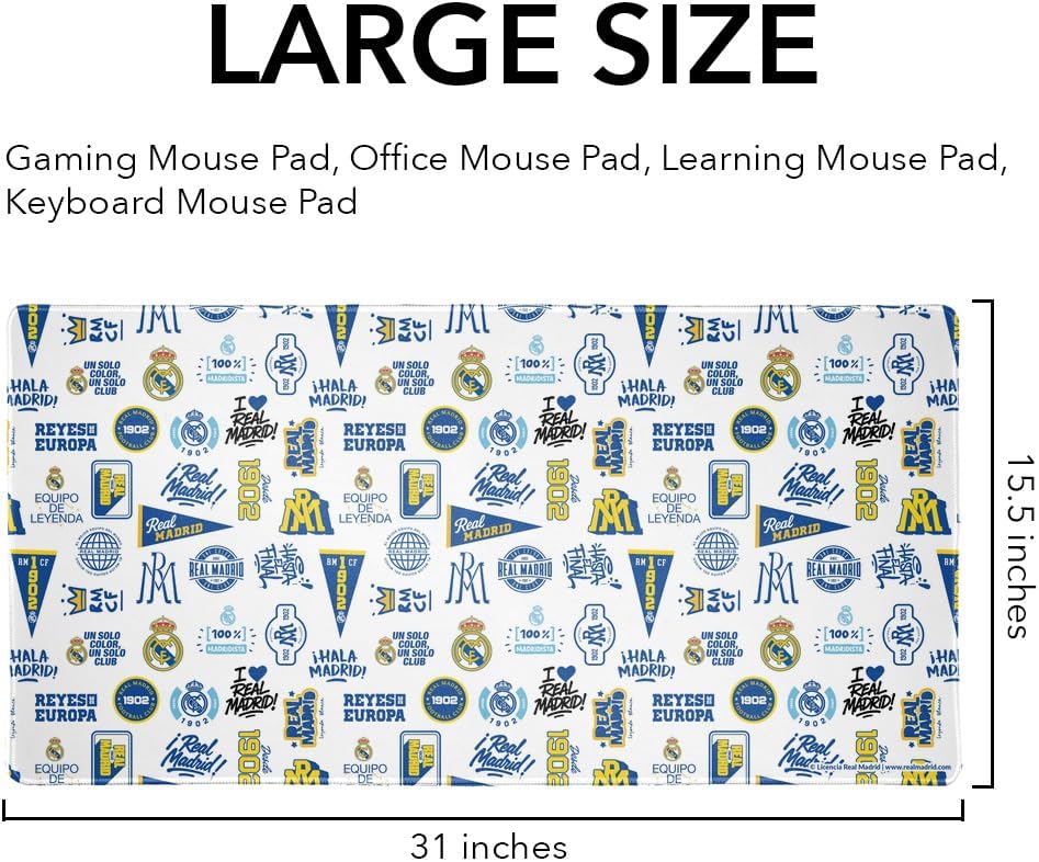 Graphics & More Real Madrid Icon Pattern Large Gaming Mouse Pad Desk Mat with Stitched Edges, Non-Slip Base for Gamer, Home and Office, 31.5 x 15.7
