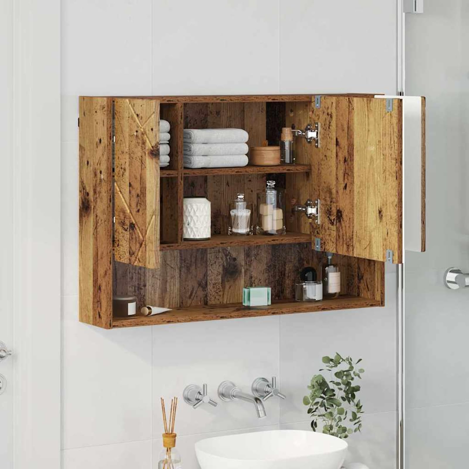 Gecheer Spiegelschrank mit Tür Altholz 80 x 17 x 55 cm Holzwerkstoff, Deko Spiegel Bathroom Mirror für Badezimmer Make-up Rasur Wohnung Hotel883362