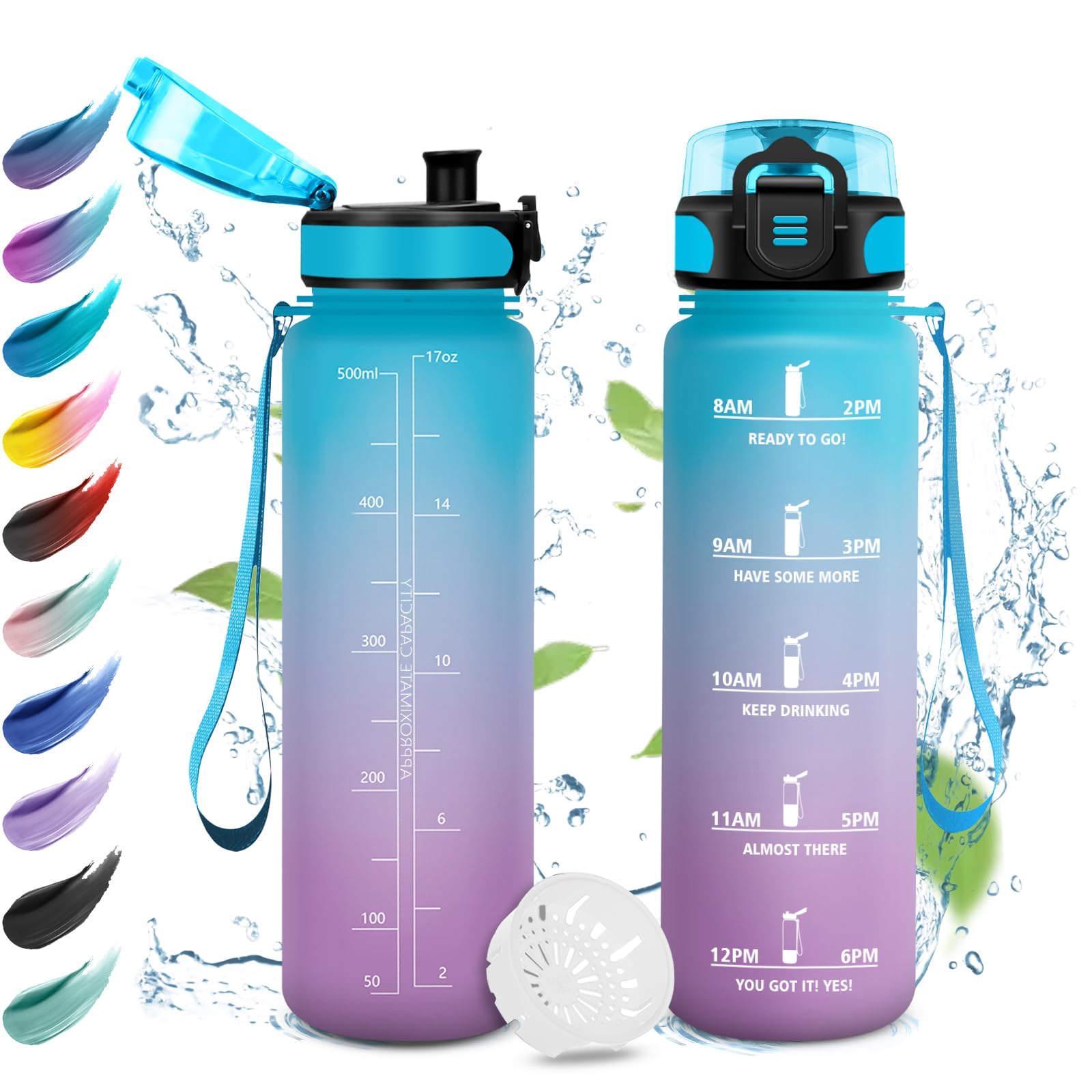 KollyKolla 500ml Water Bottle, Leak Proof Kids Water Bottle, Easy Open, Filter Bottle, Motivational Water Bottle with Time Indicator, Water Bottle for Camping, Travel, School