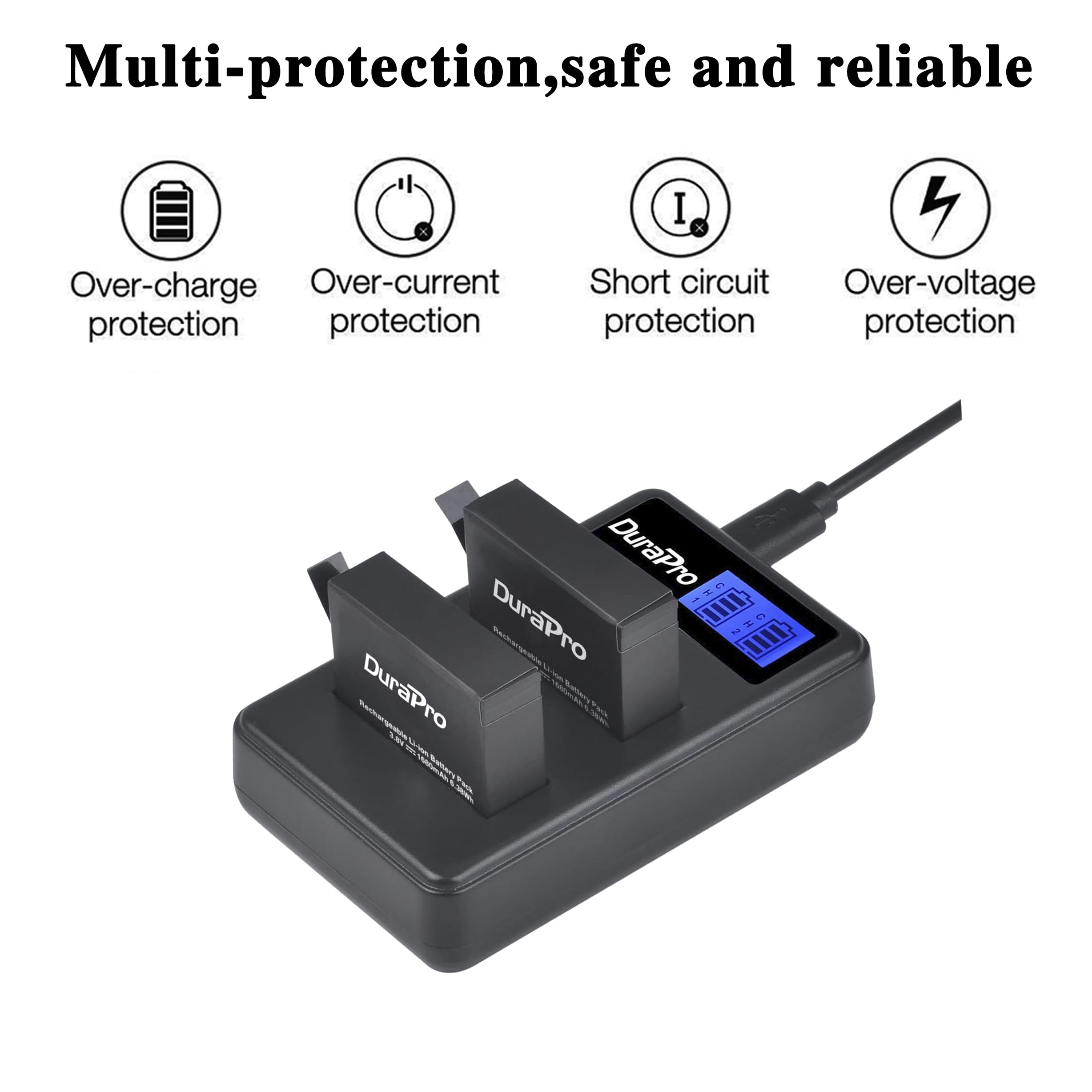 DuraPro Batterie ahdbt - 401 (Pack de 4) 1680mah + LCD Double Chargeur USB pour gopro Hero 4 Noir/Argent Appareil Photo