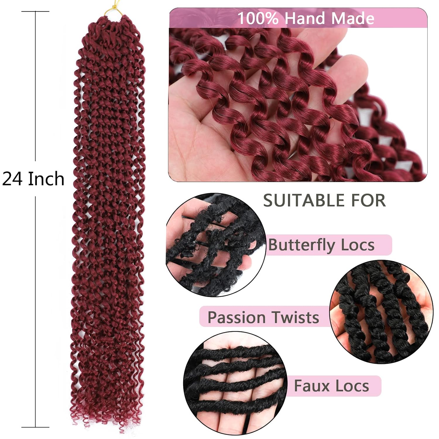 Passion Twist Hair Burgundy Red 24 Inch 8 Packs Passion Twist Crochet Hair For Women Passion Twists Braiding Hair Long Bohemian Spring Twist Hair Crochet Braids Synthetic Hair Extension (24 Inch, BG#)