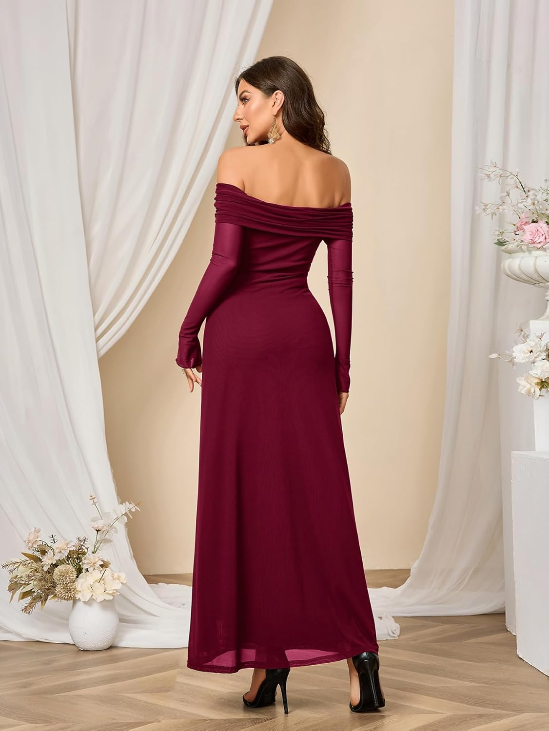 Colysmo Women Long Sleeve Mesh Off Shoulder Bodycon Maxi Dress Formal Wedding Guest Fall Dresses for Women 2025 - Image 2