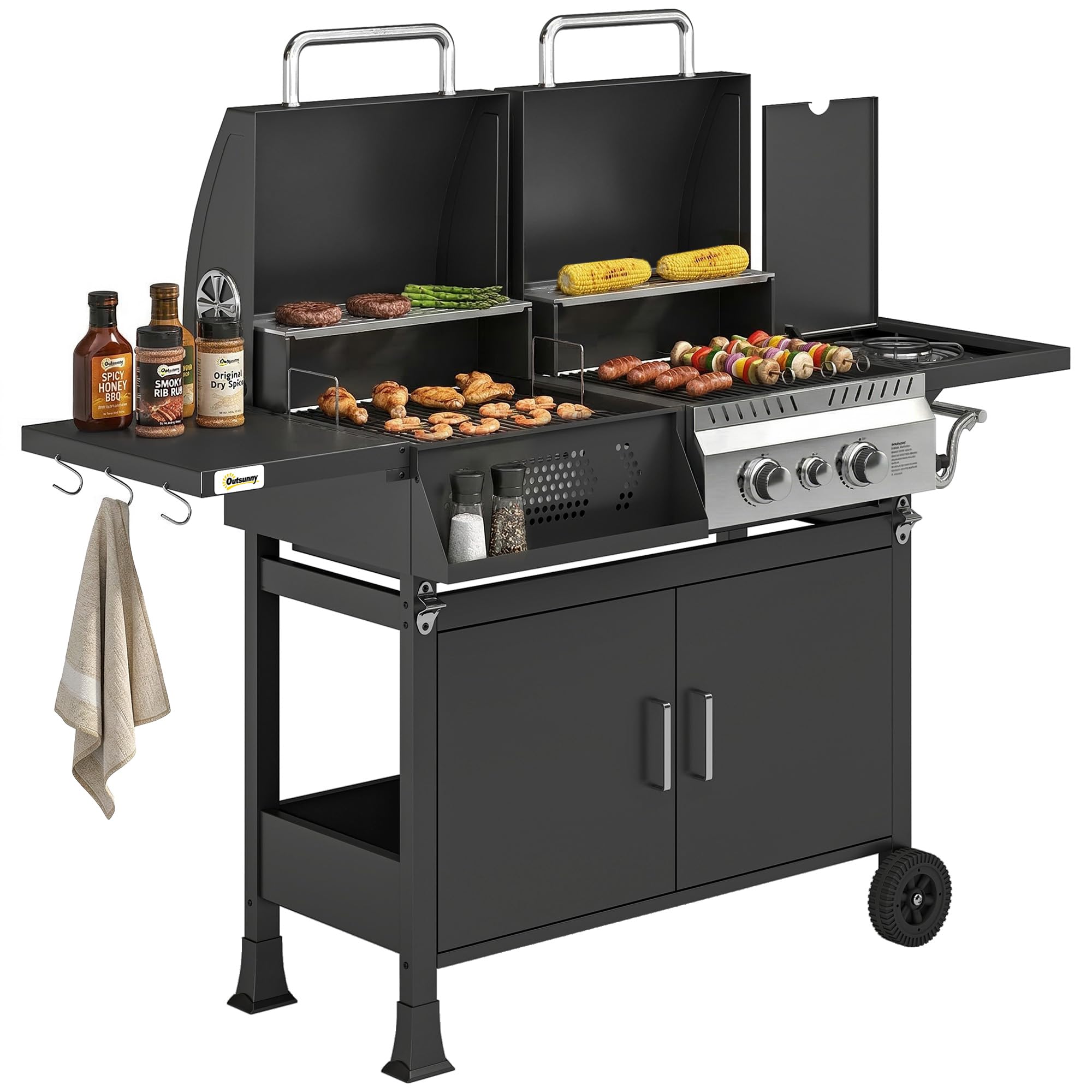 Outsunny Barbecue Hybride Gaz et Charbon de Bois - Barbecue Mixte 2 en 1 avec 3 Brûleurs et Feu Latéral - avec Thermomètre, Cabinet de Rangement et Décapsuleur, Noir