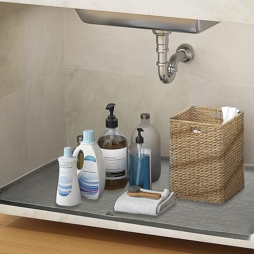 Miniatura 7 de Tapete para debajo del fregadero, 34 x 22 pulgadas, forro flexible de silicona para debajo del fregadero, bandeja de goteo impermeable con orificio