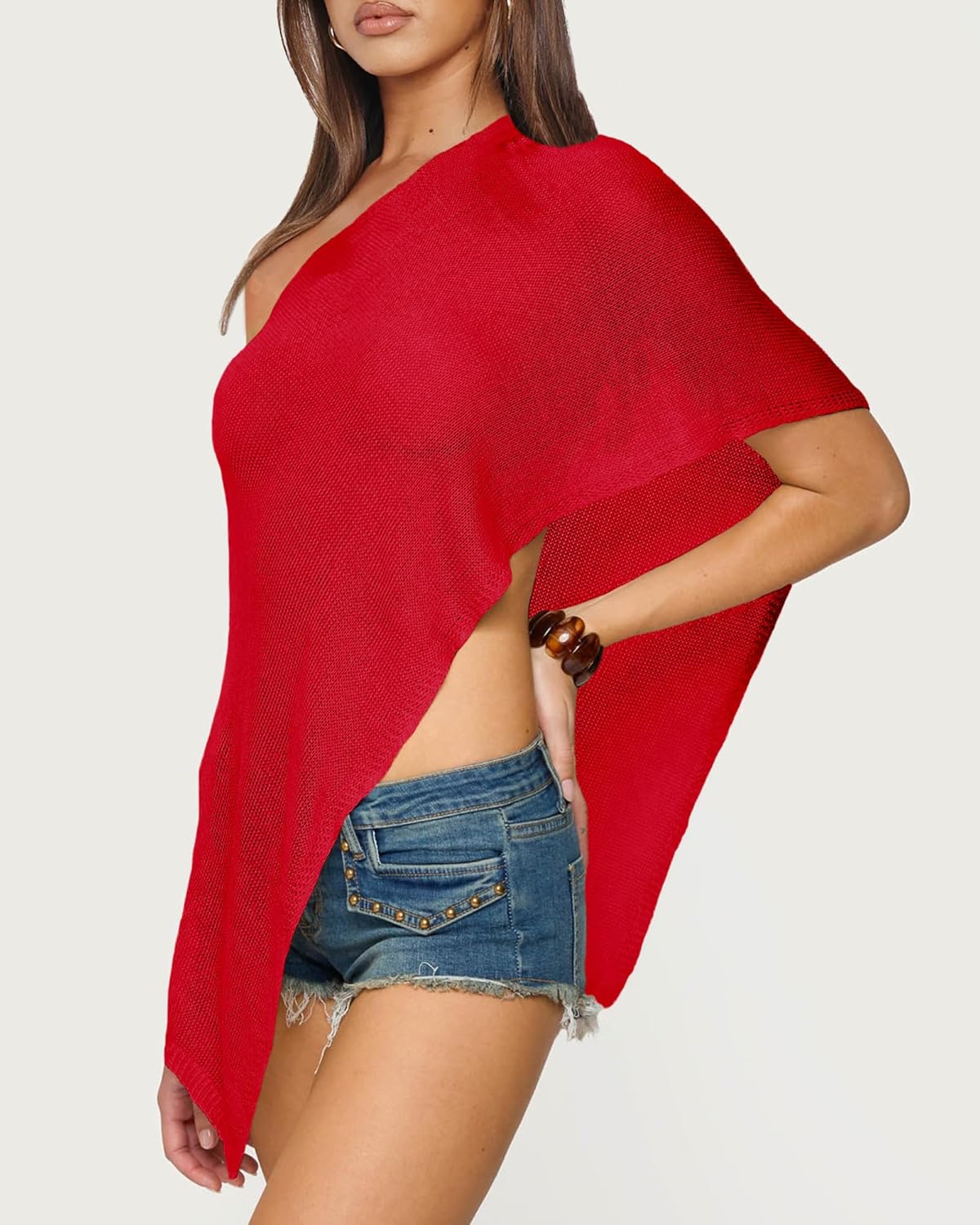 Womens Summer One Shoulder Knit Sheer Poncho Trendy Lightweight Asymmetric Shrug Pullover Sweaters - Image 4