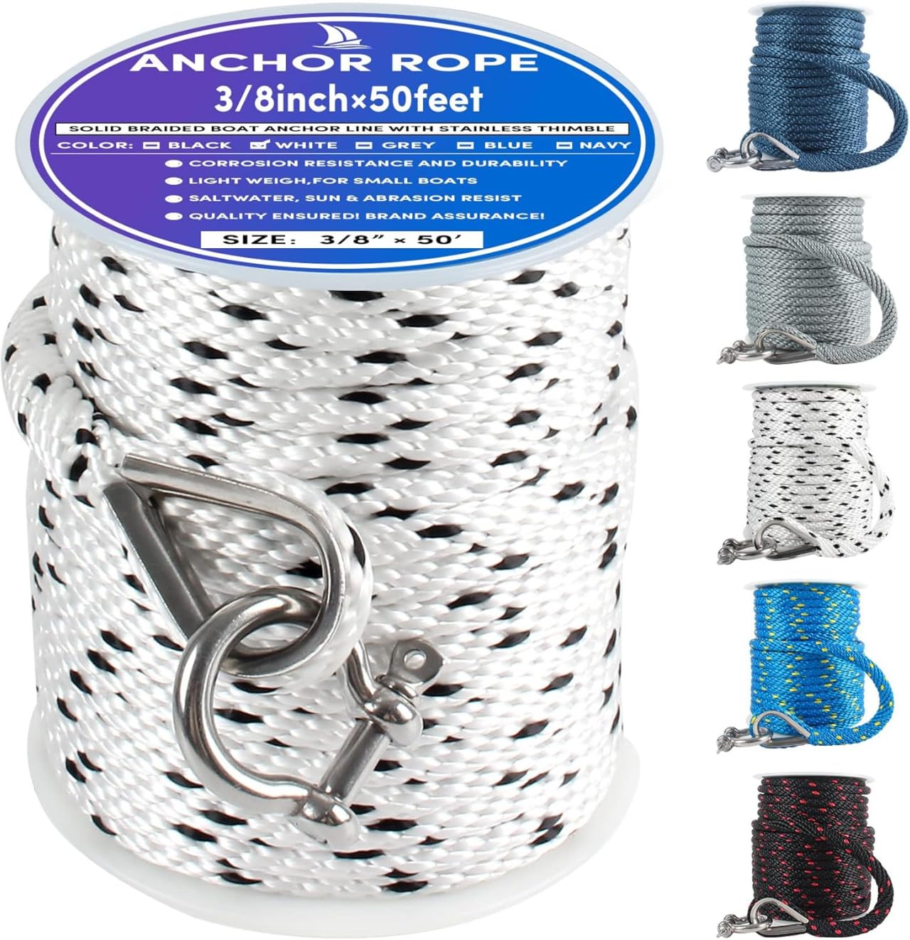 Premium Anchor Rope 50 ft x 3/8 inch, Solid Braid MFP Anchor Line Marine Rope with Thimble & Shackle - White/Black