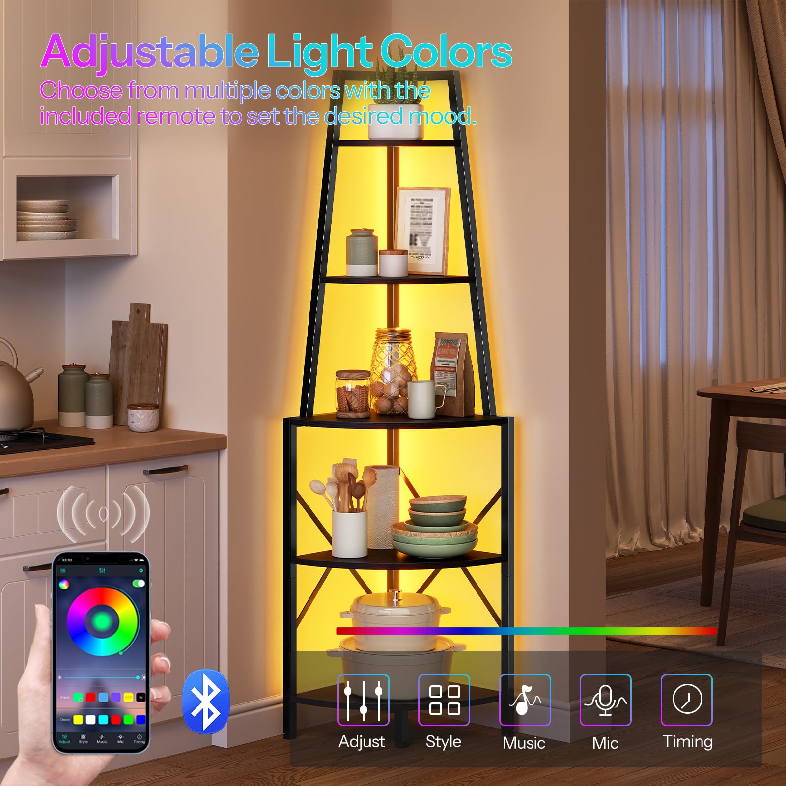 HOOBRO Eckregal 5 Ebenen mit LED-Beleuchtung, Bücherregal, Standregal, Pflanzenregal, Lagerregal für Wohnzimmer, Schlafzimmer, Küche und Arbeitszimmer, 42 x 42 x 172,5 cm, Schwarz EBB120DCJ01