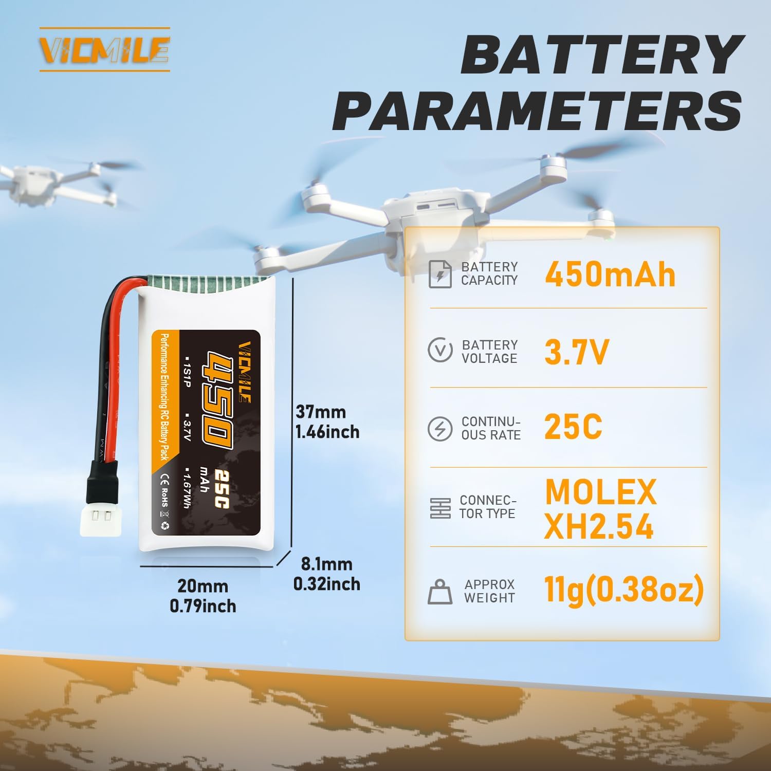 3.7V Lipo Battery 450mAh High Capacity 25C RC Molex Drone Battery with 5-in-1 Charger for SYMA Q11 AT-96 TR-C385 TR-P51 TR-F22 H99W H31 H6C H98 Holy Stone HS170G HS170 HS170C HS230 Quadcopter