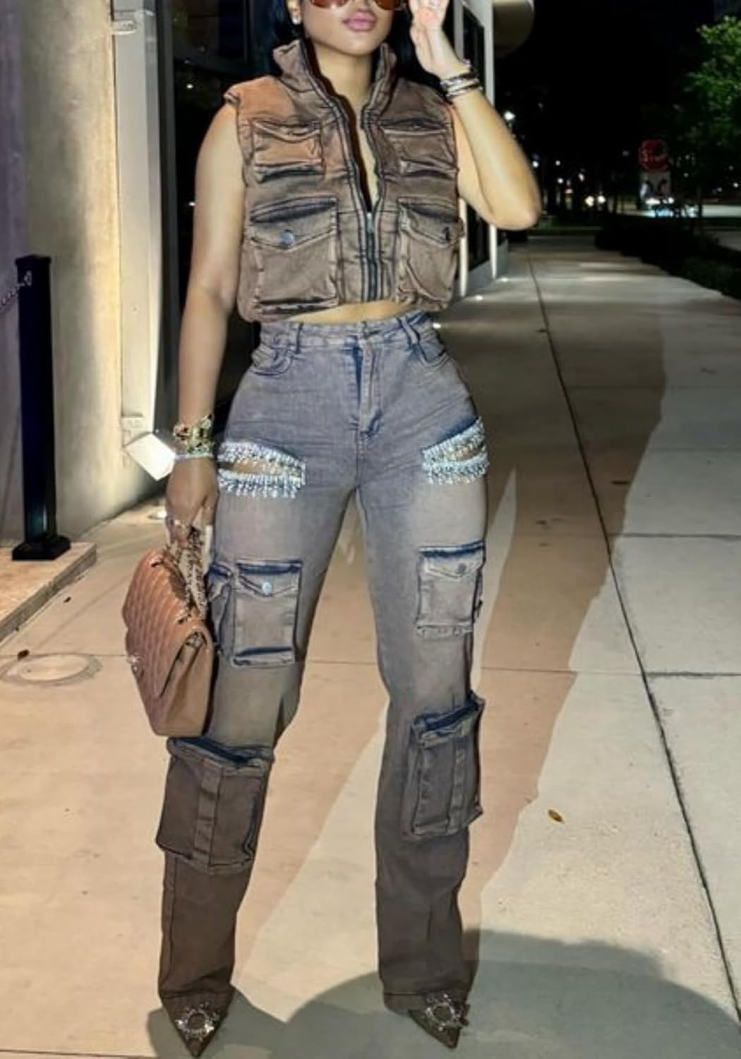 Unybwonn Women Rhinestone Cargo Jeans High Waisted Baggy Sexy Sparkly Cut Out Ripped Distressed Stretchy Denim Pants - Image 3