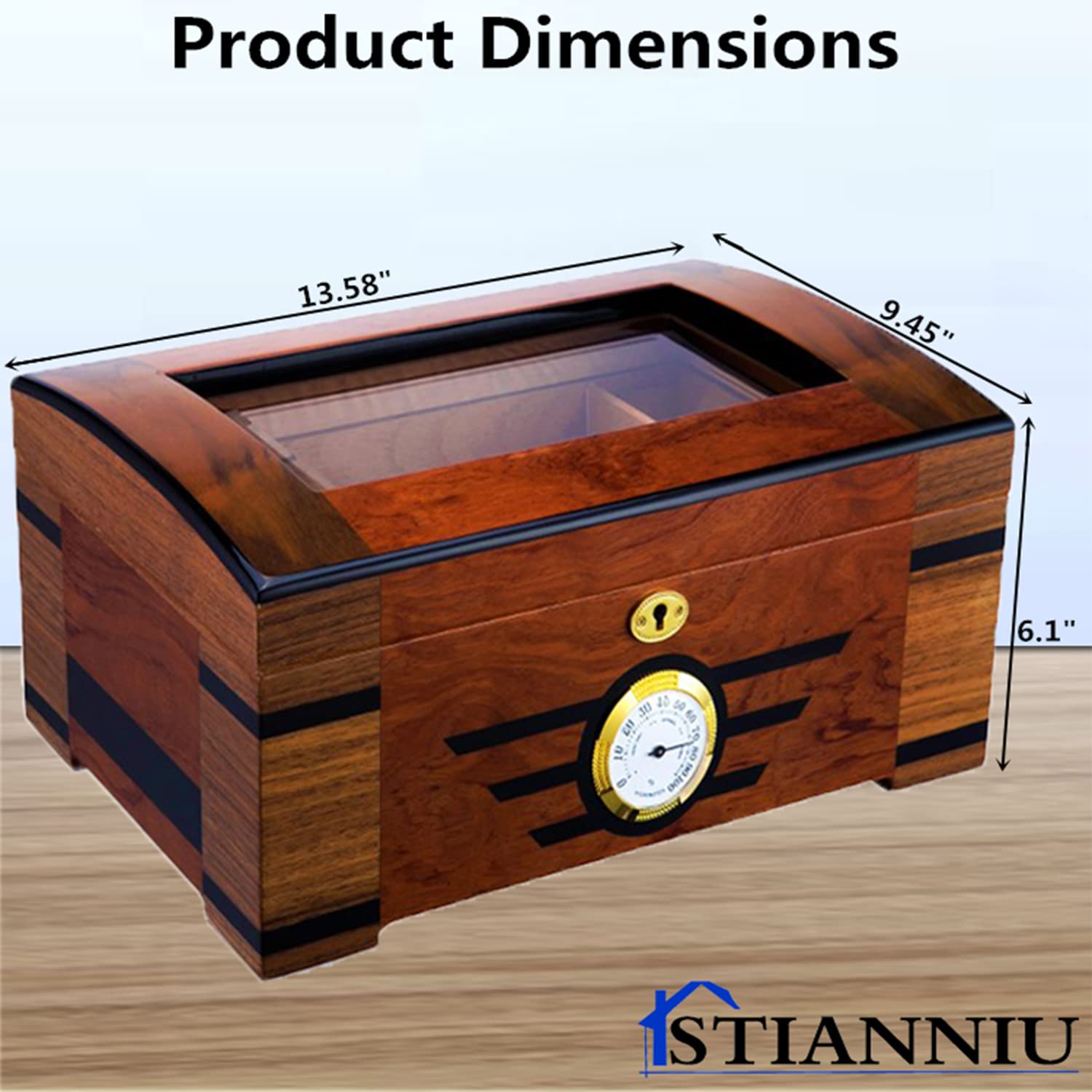 Cigar Humidor，Front Mounted Hygrometer Cedar Lined，Desktop Cigar humidor Spanish Cedar Tray Divider, Piano Coating Finish and Transparent Top，Humidor Cigar Box for Gifts