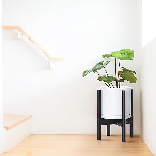 Miniatura 6 de D'vine Dev Maceta de cerámica con soporte de ébano, maceta redonda moderna de 8 pulgadas con soporte para maceta de madera, color blanco, 55-B-M-1