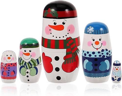FOMIYES Muñecas de madera de Rusia, 5 capas con patrón de muñeco de nieve apilables, muñecos de nieve sonrientes, muñeco de nieve, decoración de