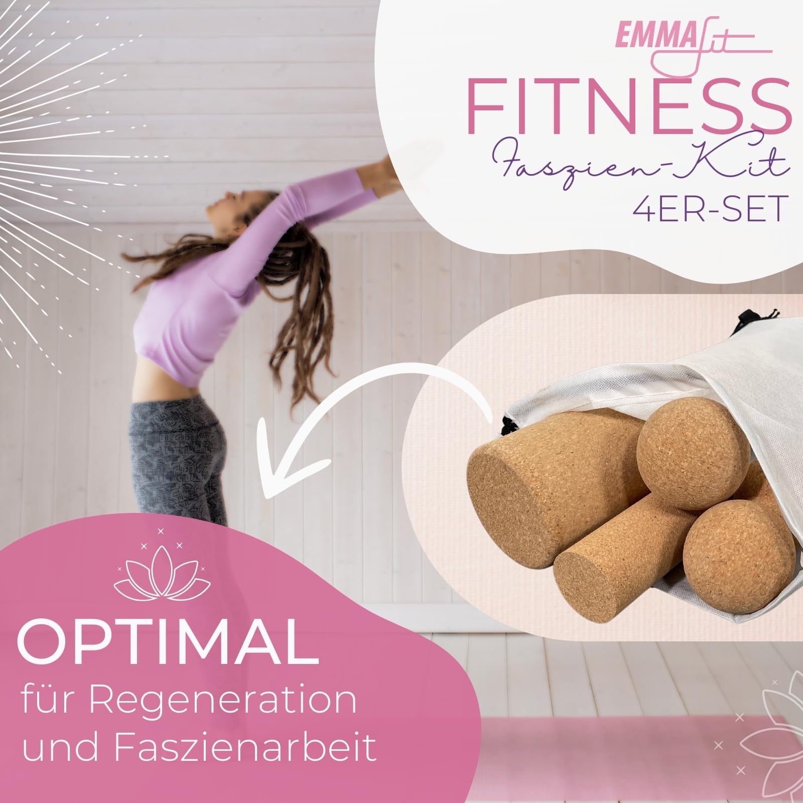 EMMAfit Kork Faszienset I Set aus 2x Faszienrolle + 1x Faszienball + 1x Twin-Ball I Set für Triggerpunkt-Massage & Faszientraining I hygienisch & umweltfreundlich I Selbstmassage-Set aus Kork