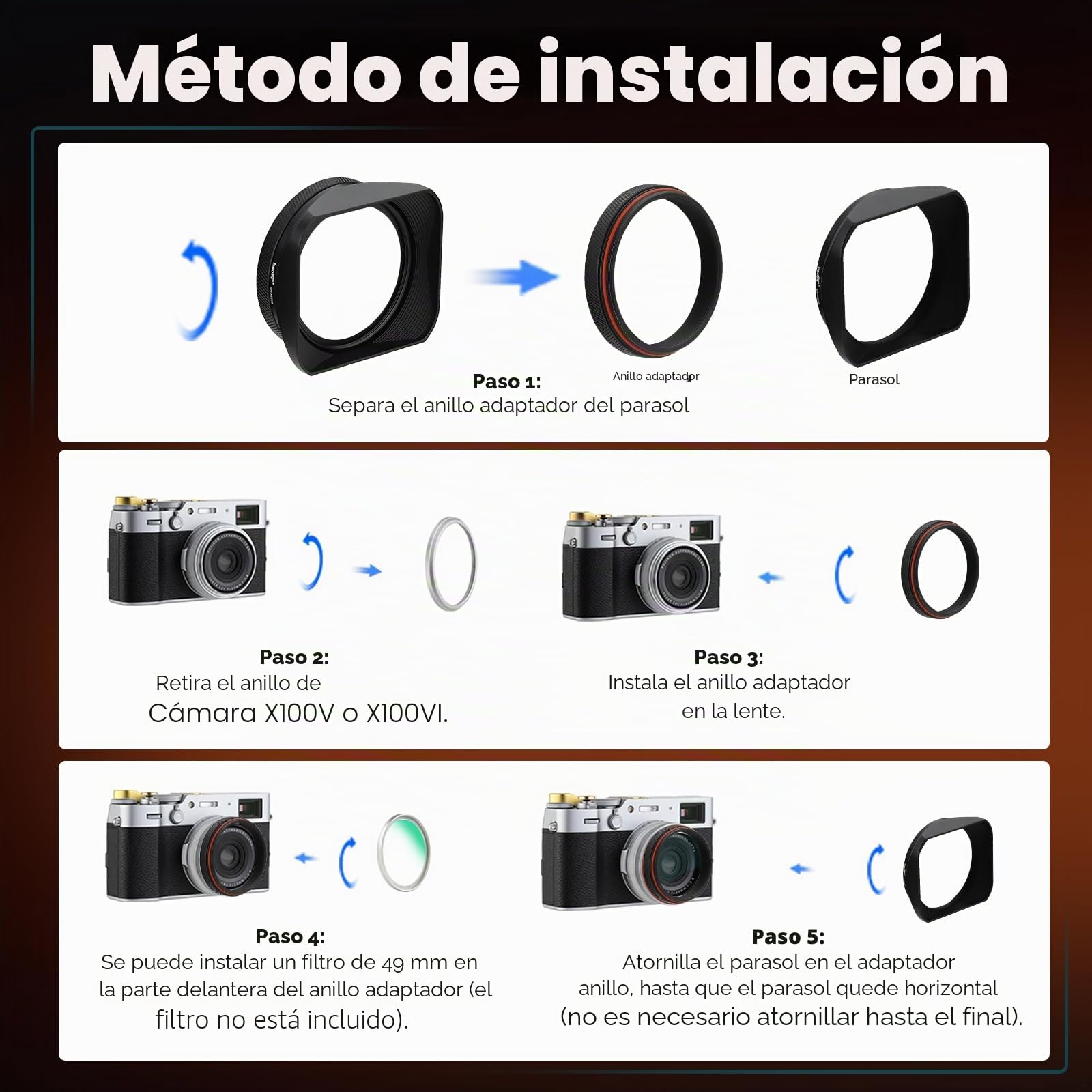 Parasol cuadrado de metal para cámara Fuji X100VI x100v, accesorios Haoge LH-X200B con anillo adaptador de filtro UV de 49 mm y kit de tapa de metal, color negro