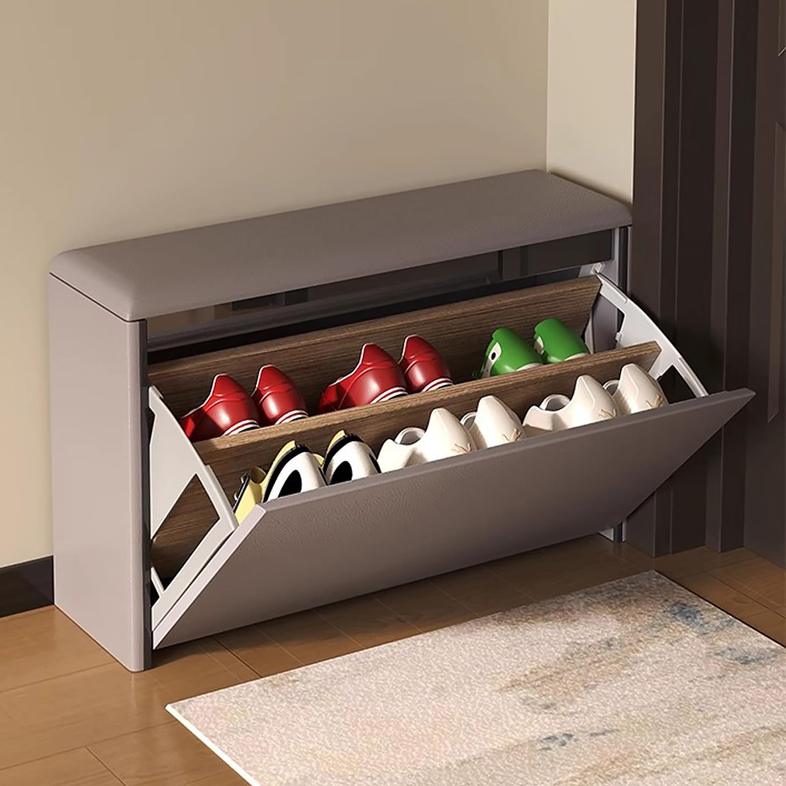 SXZenSpace Entryway Shoe Rack Bench with Cushion and Door, Narrow Storage Organizer Cabinet for Entryway, Hallway, Living Room