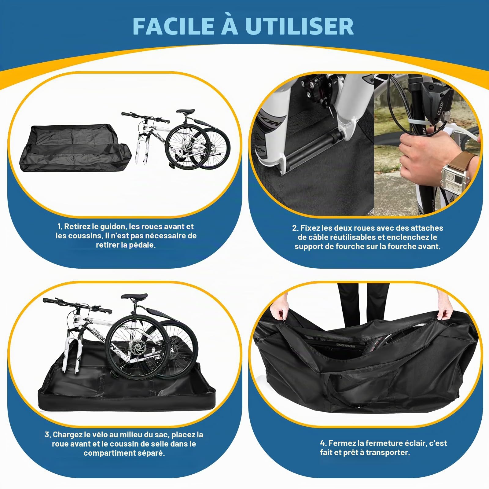 Sac de voyage pliable pour vélo, noir, 55,1 x 31,4 x 11 pouces (140 cm x 80 cm x 28 cm), sacoche de vélo multifonction