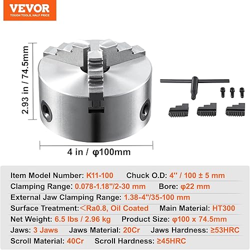 Miniatura 7 de VEVOR Mandril de torno de 3 mandíbulas, 4 pulgadas, mandril de torno autocentrante, rango de sujeción de 0.08-4 pulgadas0.079-3.937 in con tornillos