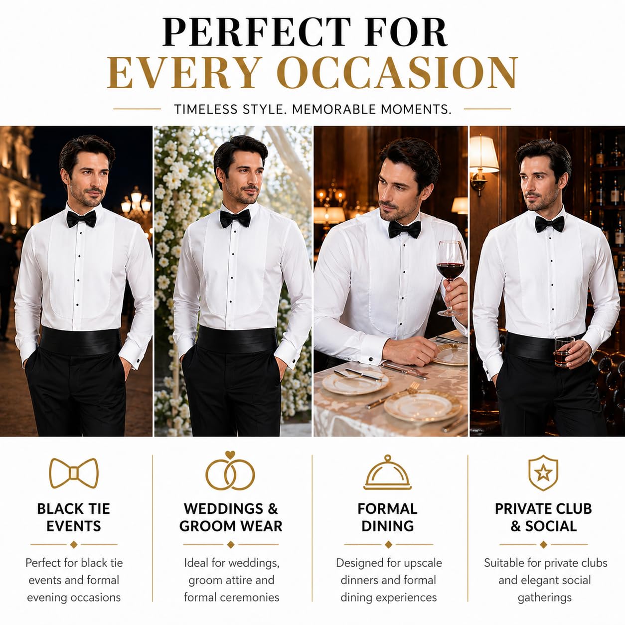 Camicia da smoking da uomo con colletto Windsor, polsini francesi e jacquard frontale, camicia formale elasticizzata per matrimonio e ballo di fine anno, cravatta nera