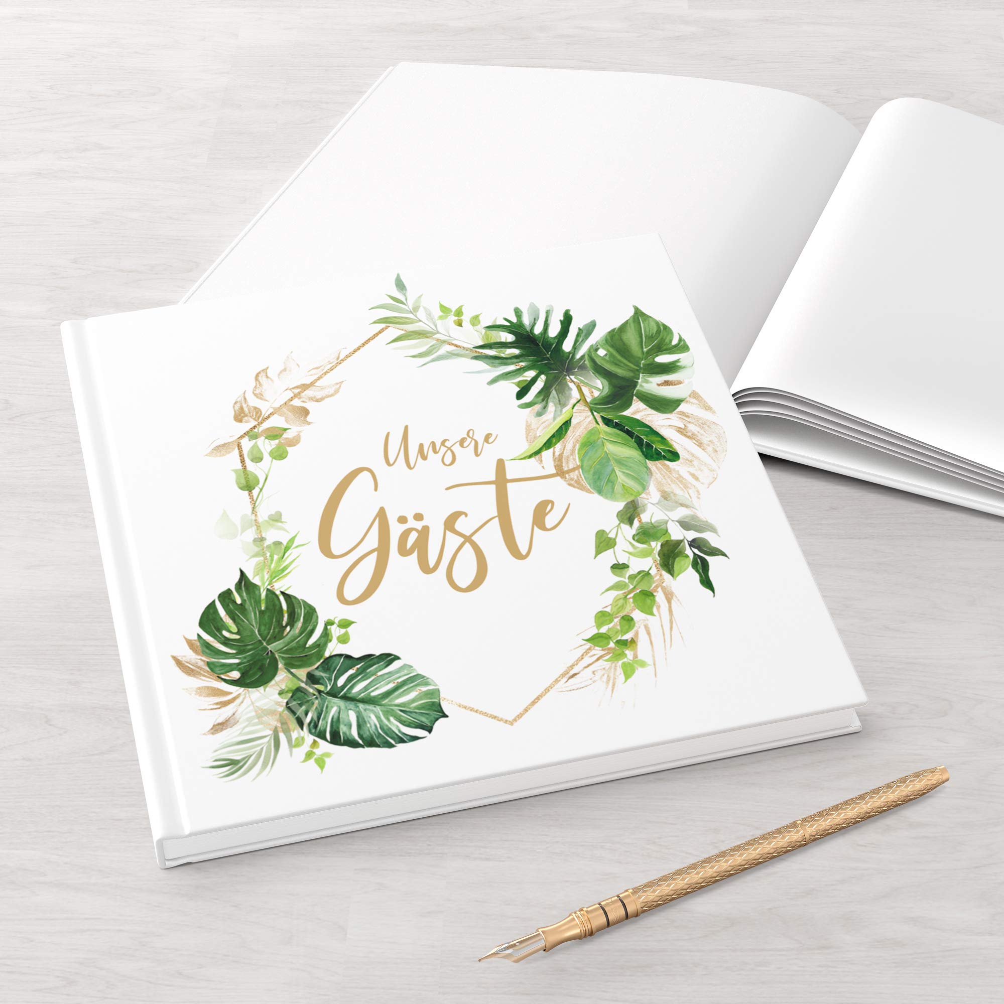 Gästebuch zur Hochzeit mit Fragen - quadratisch, Hardcover 104 Seiten - Hochzeitsgästebuch Hochzeitsalbum Hochzeitsbuch | Monstera Leaf (Motiv - eckig)