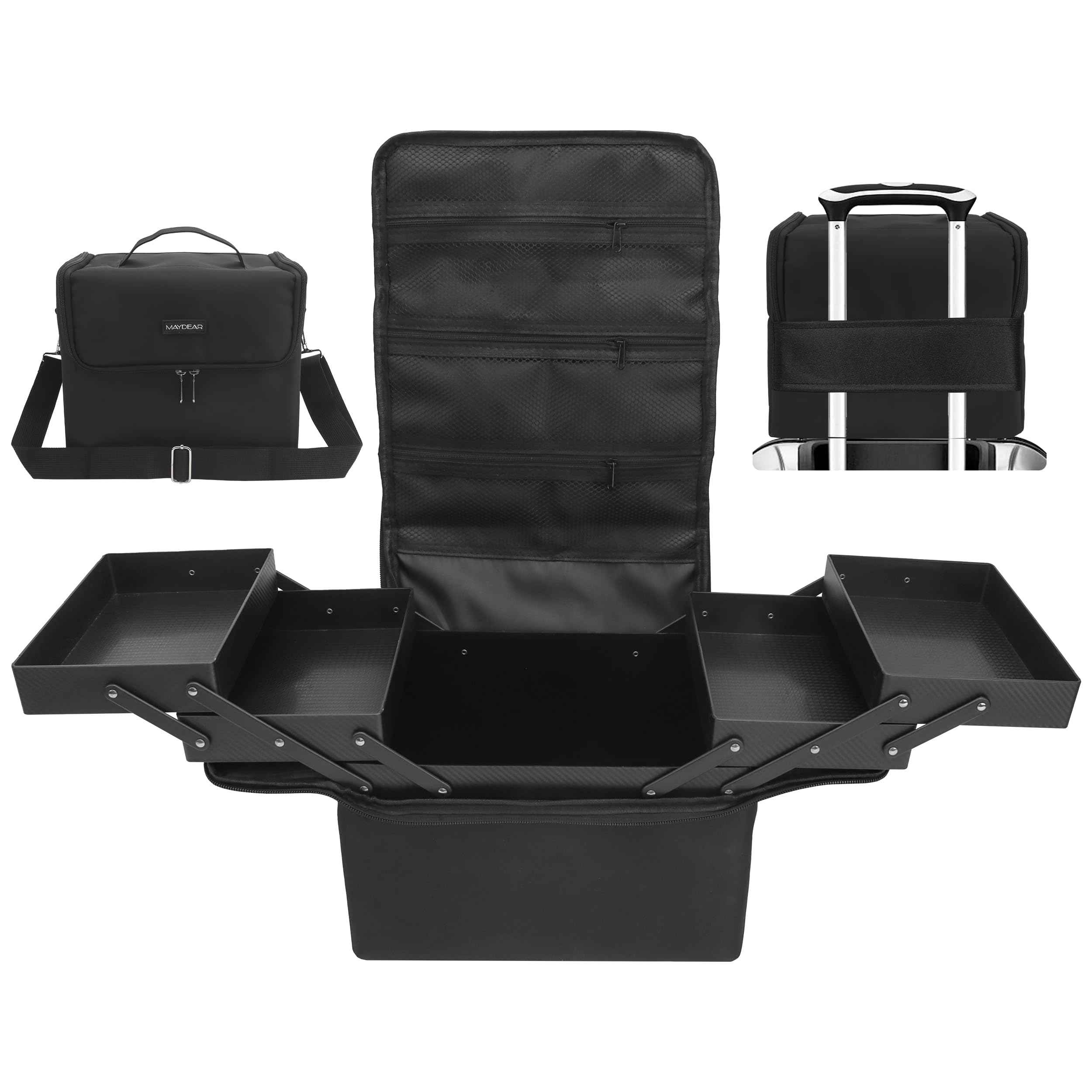 Maydear Large Makeup Train Case, Black Nail Polish Carrying Organizer Bag, Professional Comestic Travel Storage Bag with 4 Trays for Nail Art Jewelry Make Up Brushes Tattoo Storage