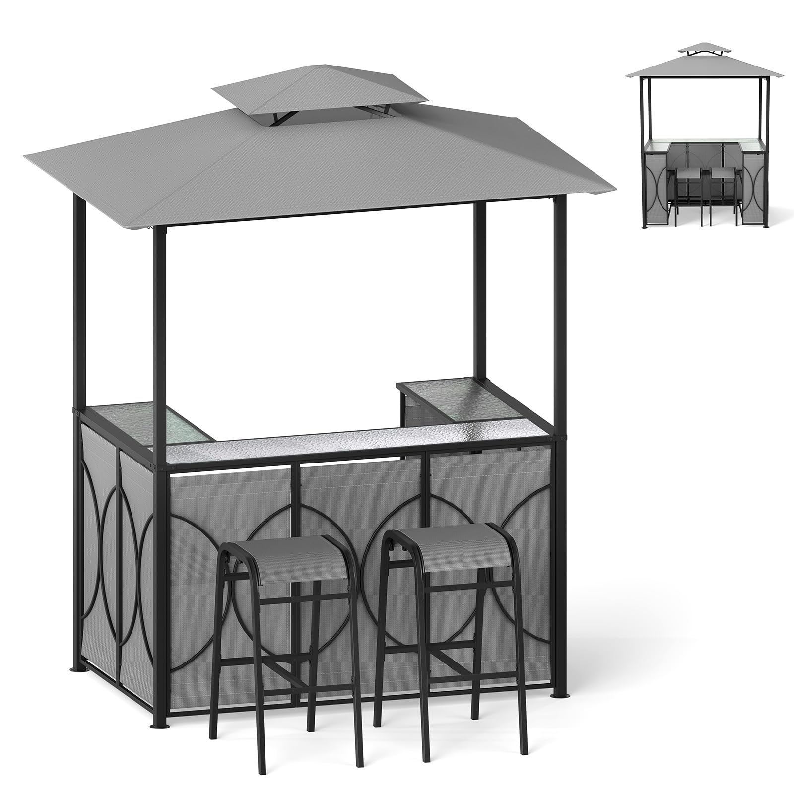 COSTWAY Tonnelle de Barbecue 3 Pcs avec 2 Tabourets de Bar, Abri avec Plateau en Verre Trempé Étagères en Métal Auvent à Double Toit, pour Jardin Cour, 194 x 121 x 242 cm (Gris)