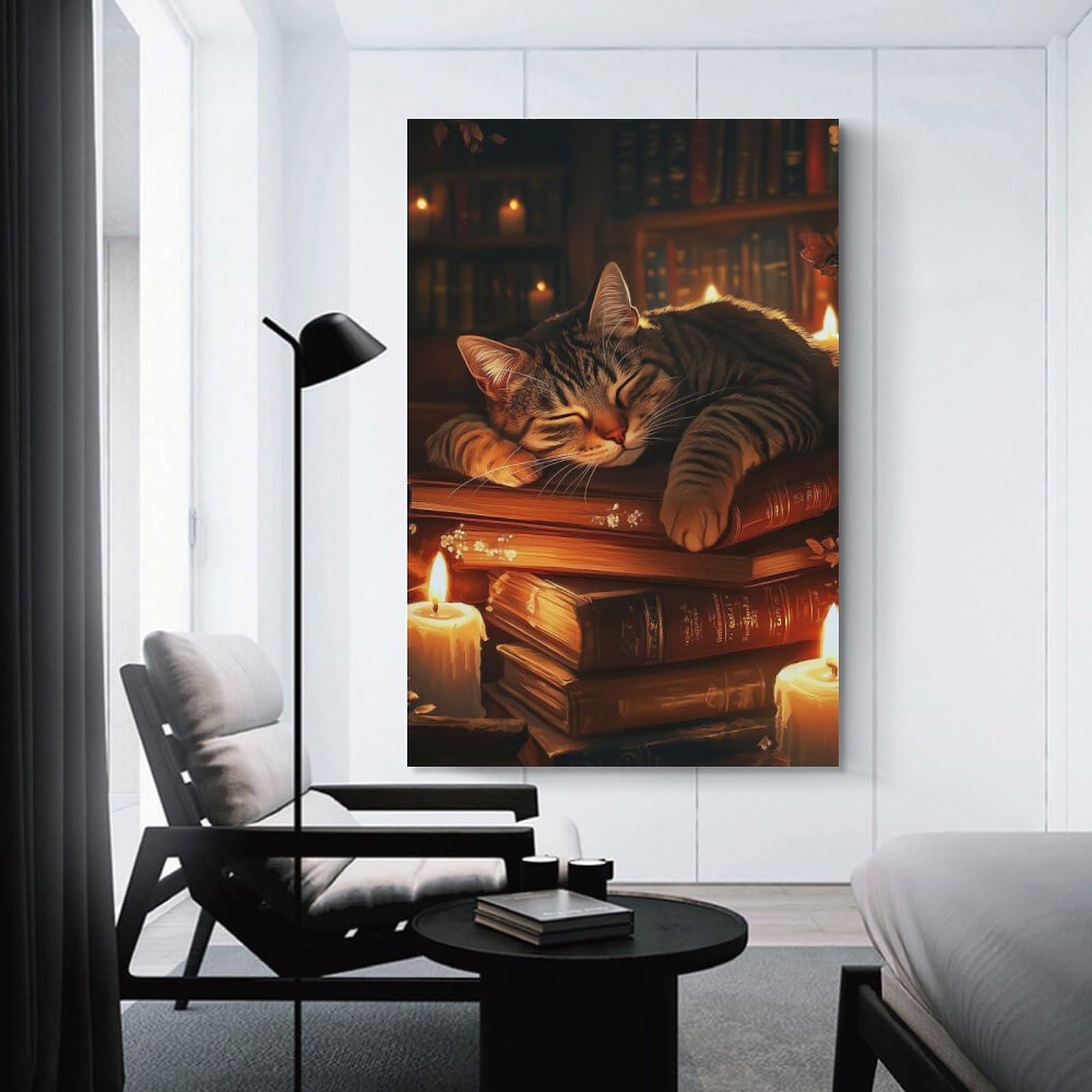Junmoney Sleeping Cat on Books Hanging Wall Art, 12x18inch(30x45cm), for Home Walls, Creative Rooms Or Shared Spaces, A Flexible Wall Accent for Shared Spaces