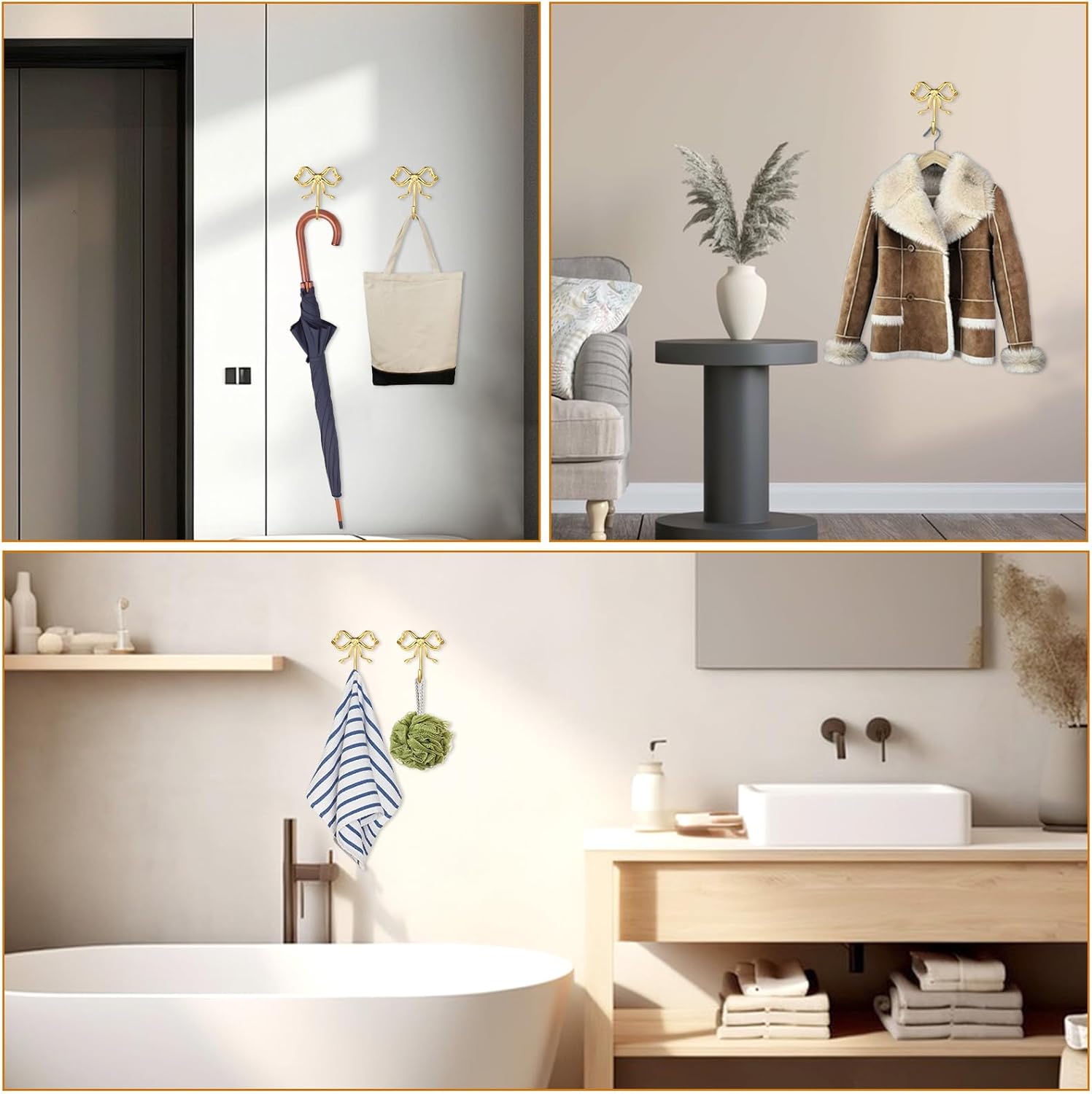 6 Pcs Gold Bow Wall Hook, Large Bow Knot Coat Hooks Metal Bowknot Wall Door Hanger Decorative Holder for Bags Bath Towels Coats Hats Coffee Mugs Room Decorations