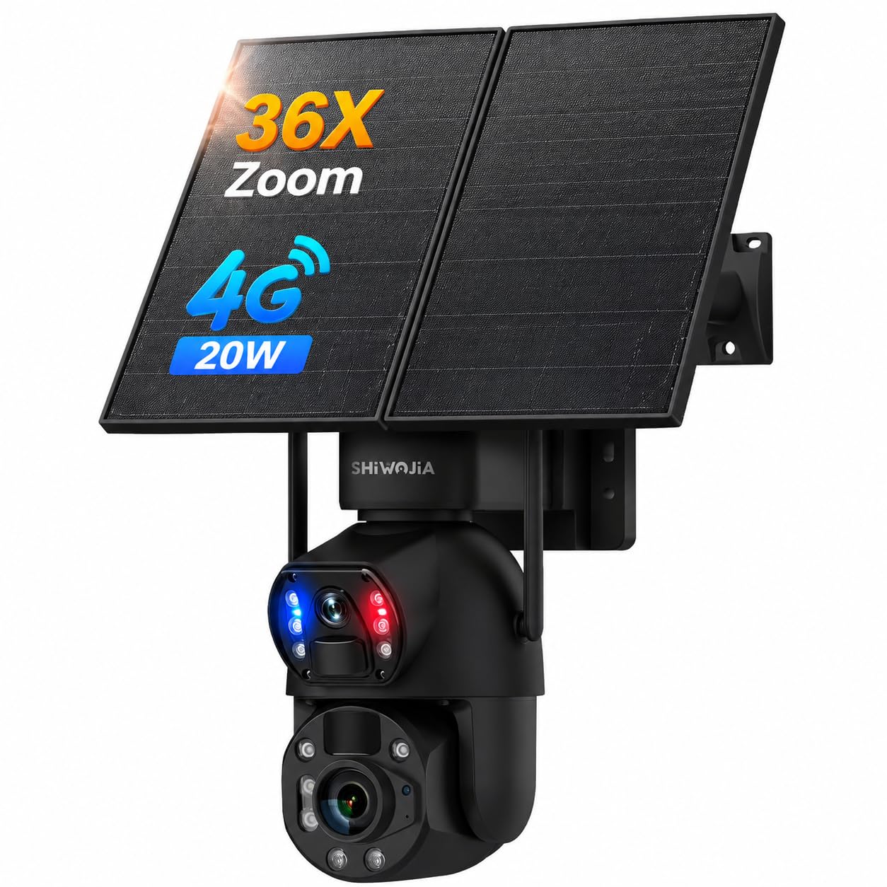 SHIWOJIA Zewnętrzna kamera bezpieczeństwa 6 MP z podwójnym obiektywem, 4G LTE, solarna kamera do monitoringu z panelem słonecznym 20 W, bateria 20 000 mAh, 36-krotny zoom noktowizor, IP66