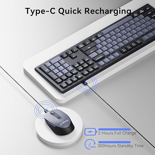 Miniatura 4 de AUSDOM Combo de teclado y mouse inalámbricos, sensación mecánica de 108 teclas, teclado silencioso recargable de tamaño completo de 2.4 G y mouse