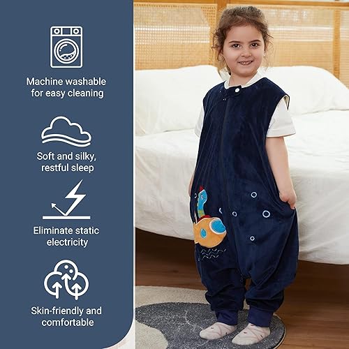 Miniatura 2 de MICHLEY Saco de dormir sin mangas con cremallera para niños, saco de dormir para otoño e invierno, mantas de poliéster para niños y niñas, dragón, S