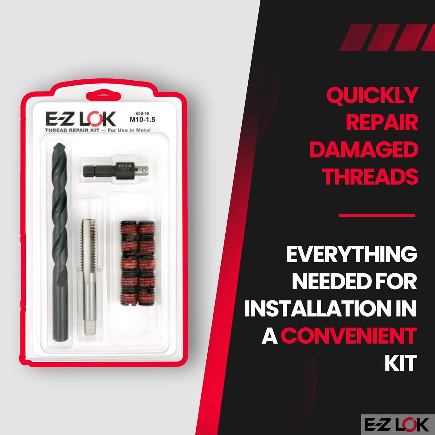 E-Z LOK EZ-650-10 Threaded Inserts for Metal; M10-1.5 Installation Kit, Steel, Black Oxide