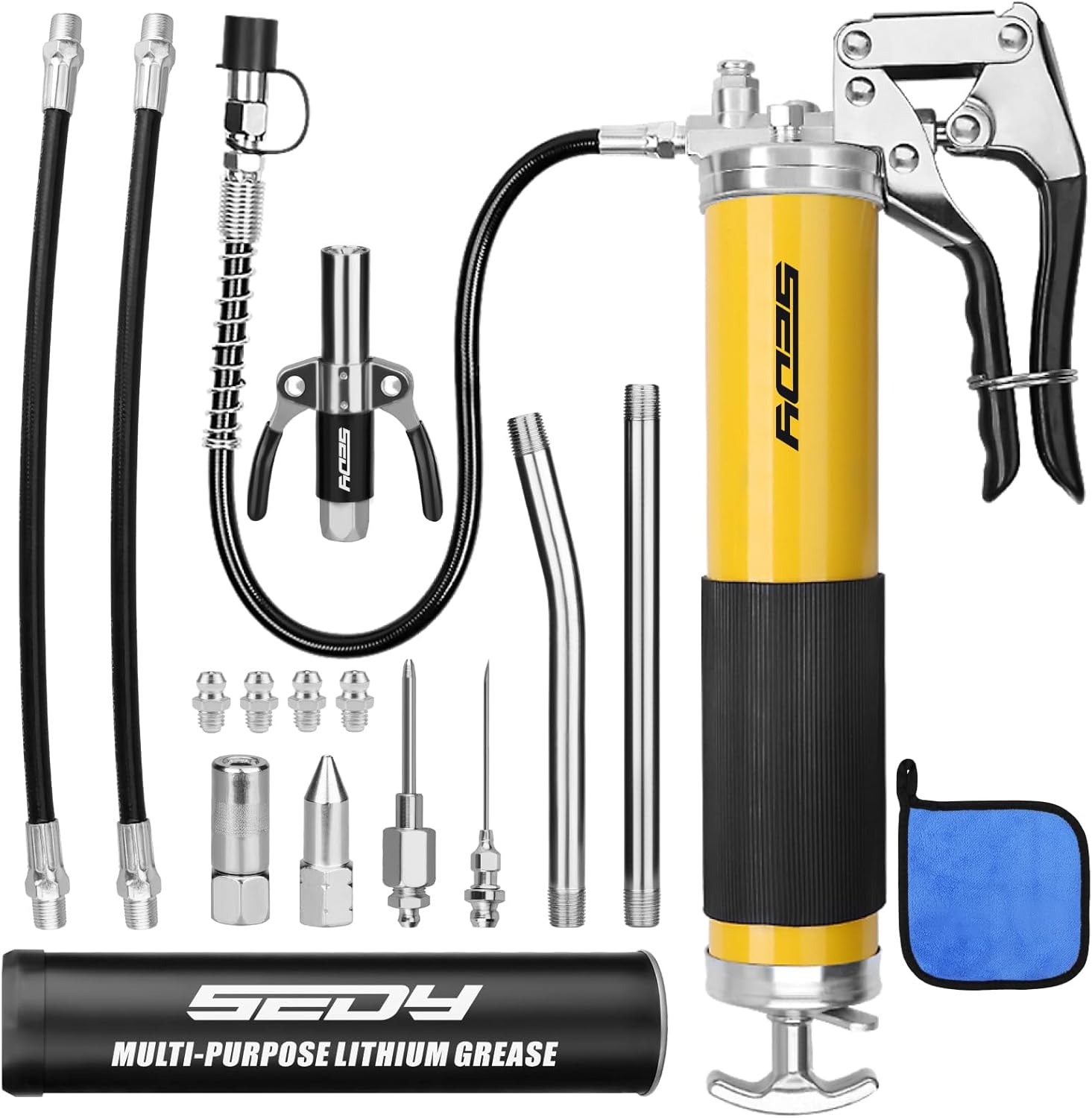 SEDY 17-Piece Heavy Duty Grease Gun Kit 8000 PSI Pistol Grip with 14oz Tube Flex Hose Adapters for Auto Marine Industrial Use