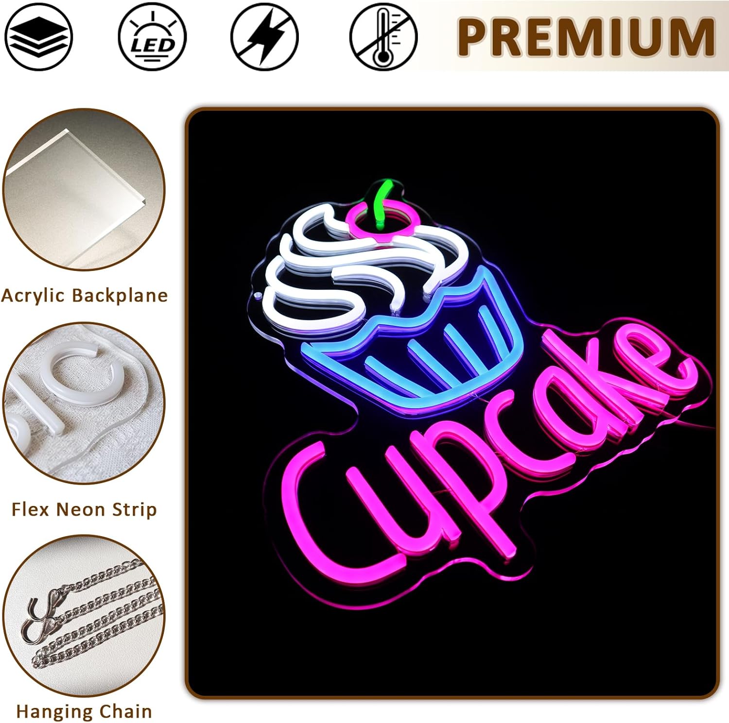 Cupcake Neon Sign for Wall Decor, 14.96''x 12.6'' Led Sign for Business, USB Dimmable Cake Neon Lights for Bakery Dessert Shop Food Store Cafe Kitchen Home Restaurant Wall Art