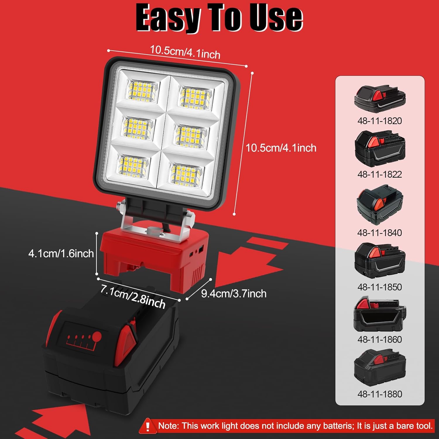 T-SUN 50W LED Work Light, Portable Cordless Light Compatible with Milwaukee 18V/20V Battery, with USB & Type C Charging Port for Workshop, Emergency and Job Site