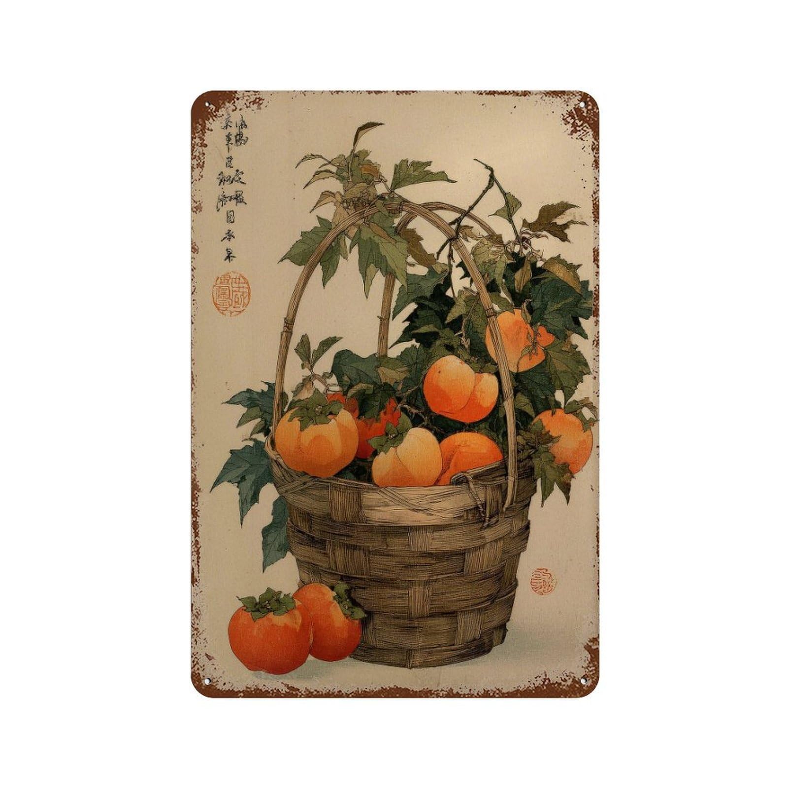 xiaoxiaoshen Persimmons Basket. Traditional Japanese Nature Wall Decor Art Metal Tin Poster Modern Home Decor Art Home Bar Shop Decorations Vintage Sign 30x20cm