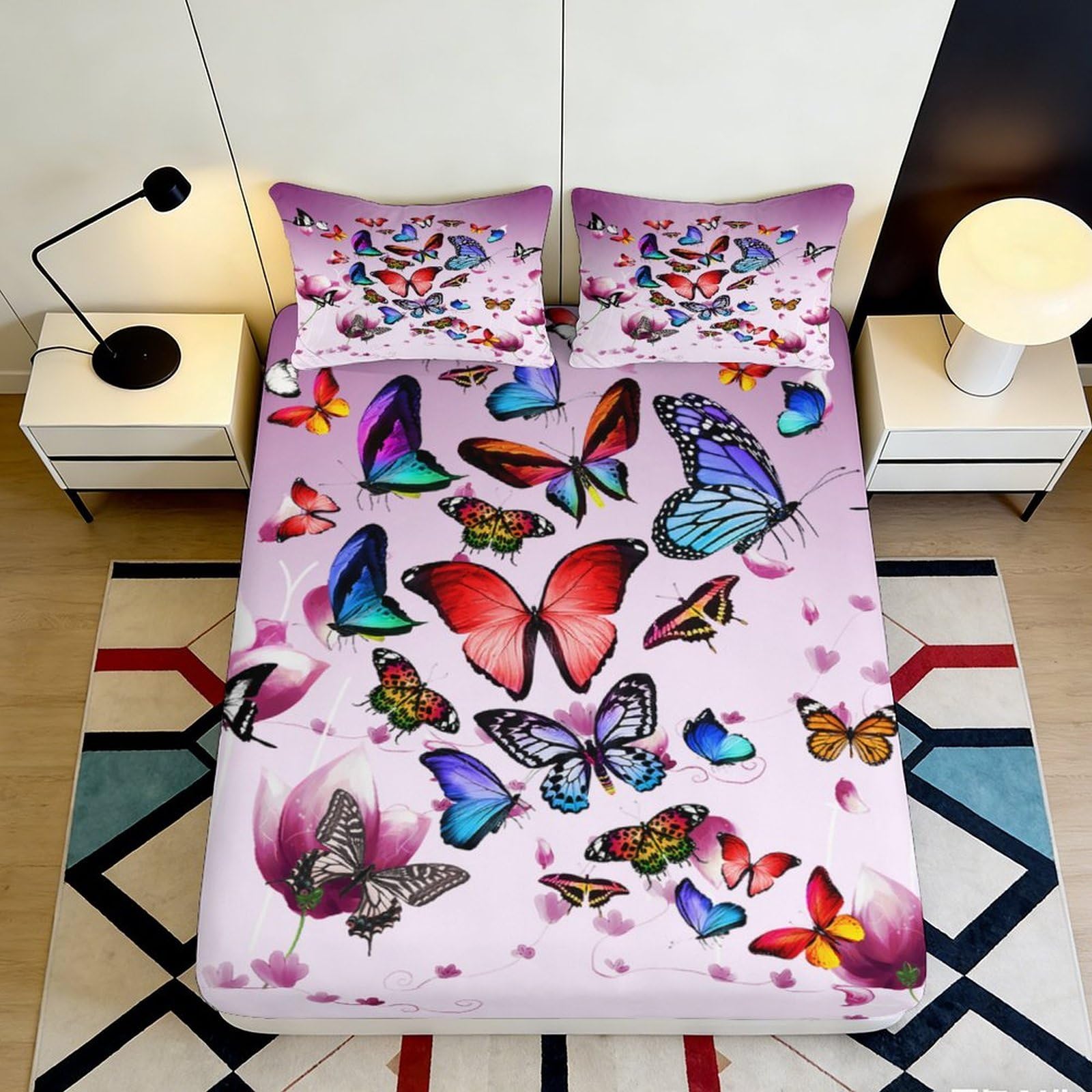 3D Printed Butterfly Dream Fitted Sheet Microfiber Soft Breathable Rainbow Butterfly Mattress Cover for Bedroom Decor 90x200x25cm