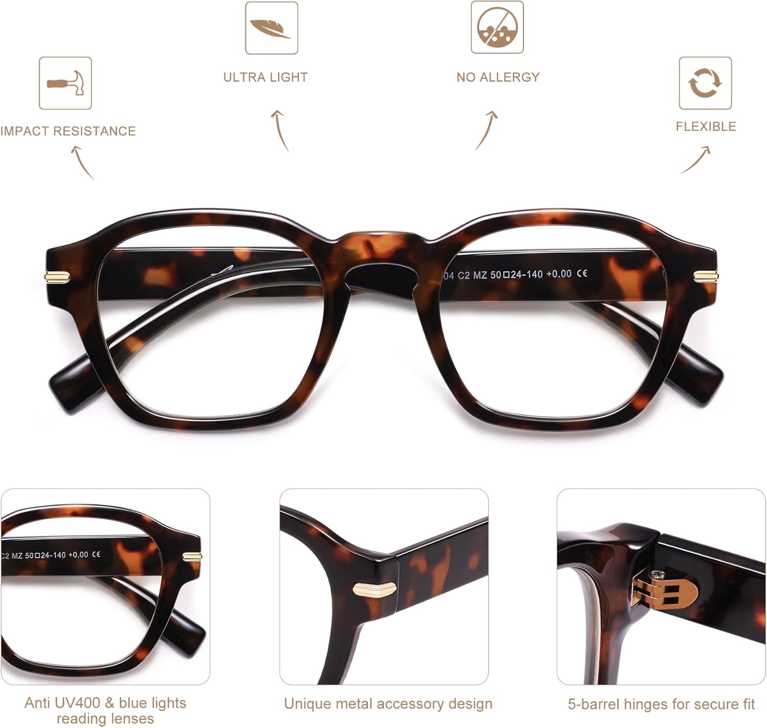 AMOMOMA 2 Pack Retro Square Reading Glasses for Women Men,Blue Light Computer Reader Frame AM6204 - Image 5