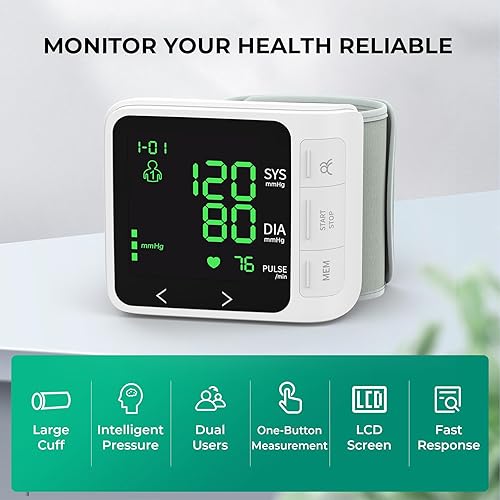 Miniatura 6 de Monitor de presión arterial de muñeca, brazalete digital automático de BP para uso doméstico con gran pantalla de retroiluminación de 2 x 99