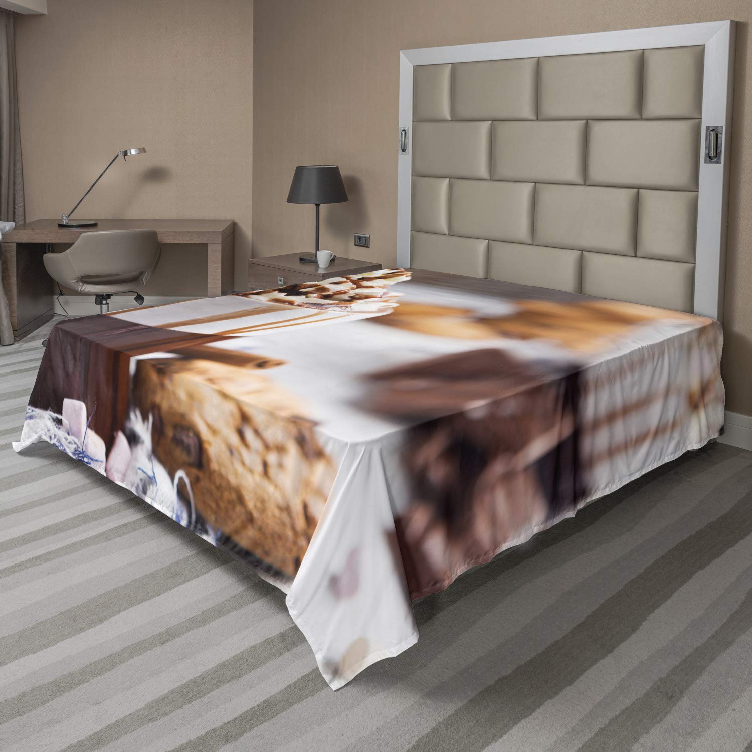 Ambesonne Chocolate Flat Sheet, Messy Cup with Hot Chocolate Whipped Cream Marshmallows Chocolate Chip Cookies, Soft Comfortable Top Sheet Decorative Bedding 1 Piece, Queen Size, Multicolor