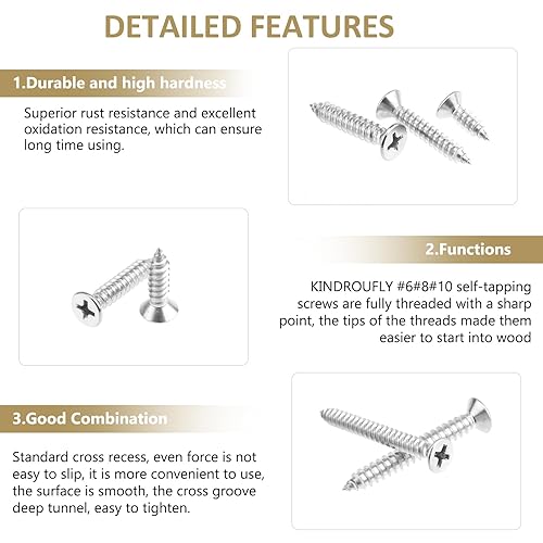 Miniatura 4 de Kindroufly 327 tornillos autorroscantes Phillips #6#8#10 con cabeza avellanada, kit surtido de tornillos para madera, acero inoxidable 304