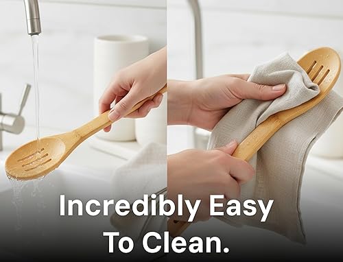 Miniatura 7 de Cucharas de bambú para cocinar - Juego de 8 cucharas con soporte - Cucharas de cocina de madera - Utensilios de cocina de bambú no tóxicos y