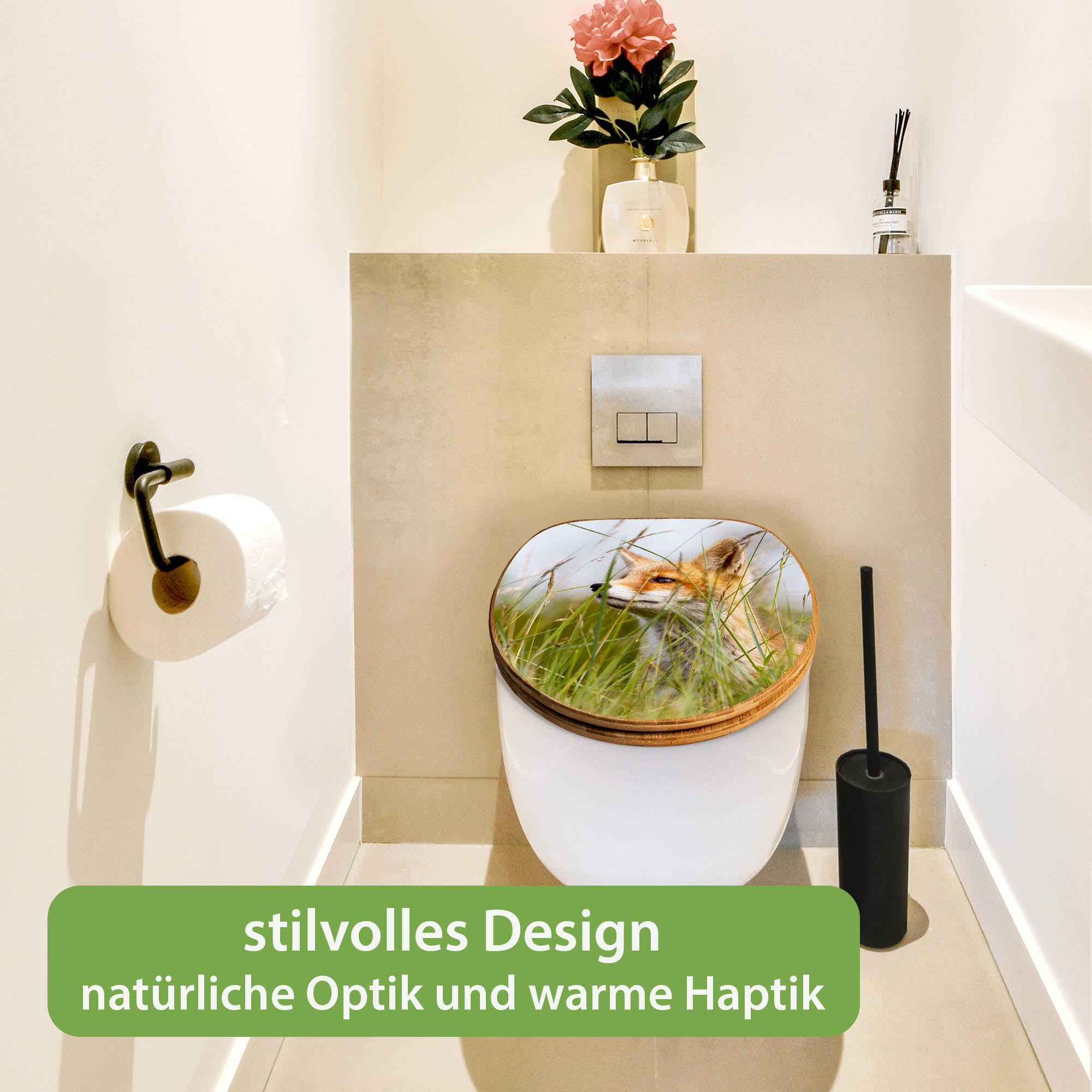 banjado Design WC Sitz Bambus Absenkautomatik 45,8x37,5cm - Toilettendeckel mit Absenkautomatik Holz - hochwertiger Bambus Klodeckel - WC-Sitz für gängigen Toiletten - Motiv Fuchs