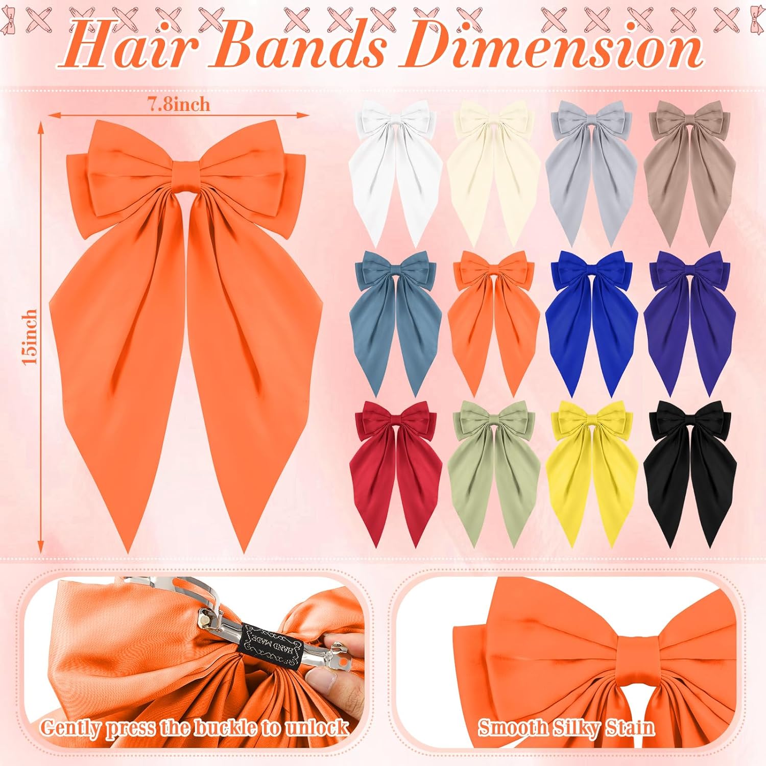 Hoteam 12 Pcs Silky Satin Oversized Hair Bows Bulk Big Hair Bows for Women Valentines Long Tail Large Bowknot Barrettes Galentines Barrettes Clips Ribbon Bow Accessories Gifts(Vibrant) - Image 2