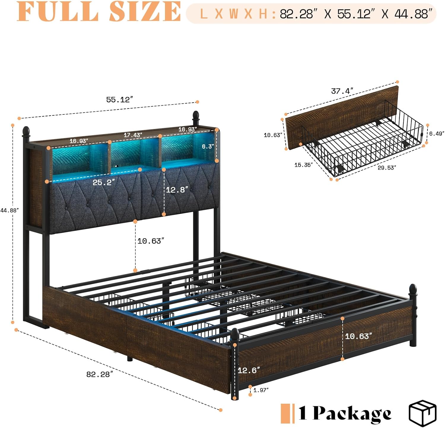 Full Bed Frame with 3-Tier Storage Headboard, LED & Charging Station Metal Platform Bed with 4 Storage Drawers, Hidden Areas, Noise-Free/No Box Spring Needed/Metal Support, Rustic Brown
